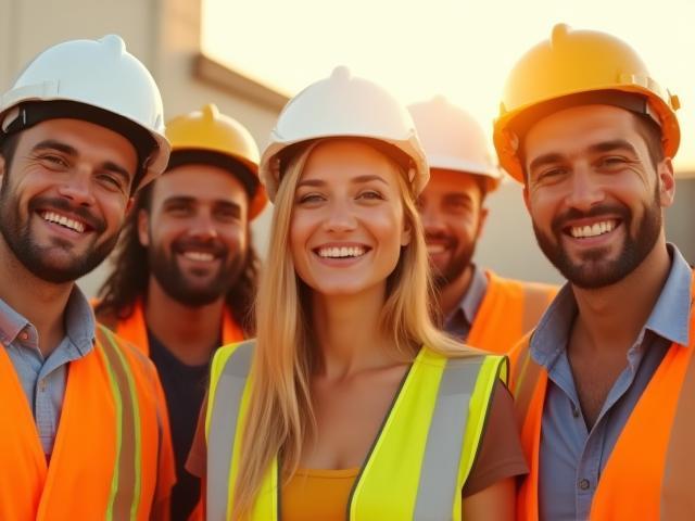 A diverse team of Affirm Construction employees smiling together at a sunlit job site, wearing hard hats.