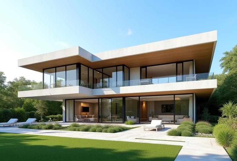 Exterior view of a newly constructed modern luxury residential estate with large windows and landscaping