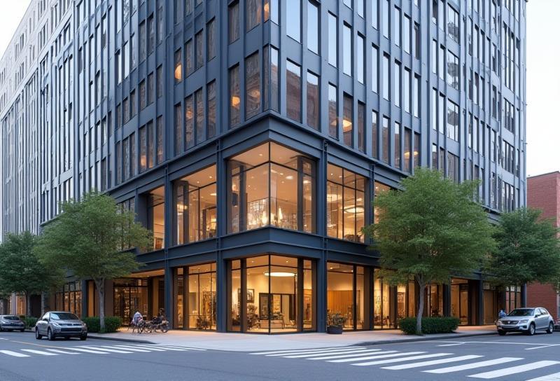 Exterior view of a modernized downtown office building after renovation
