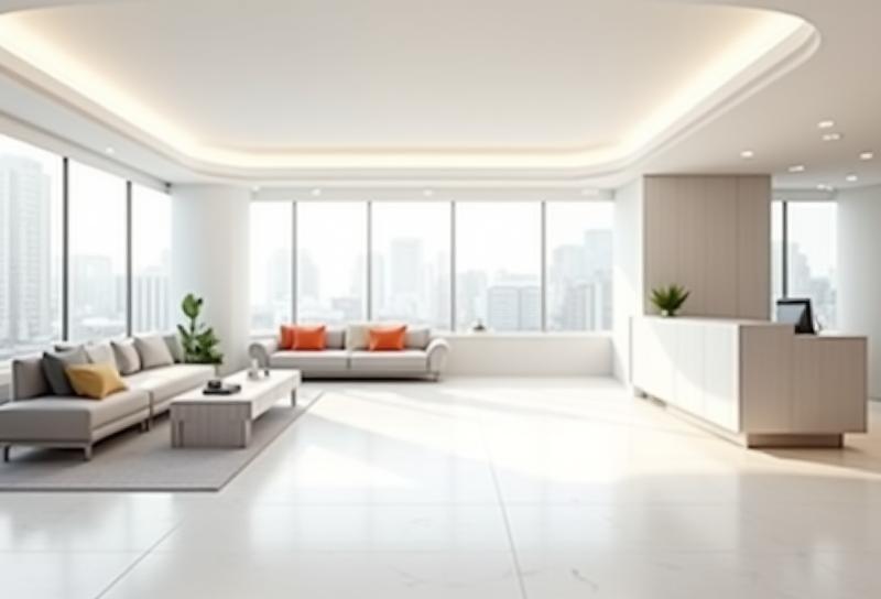 Clean and bright interior view of a renovated office lobby with modern seating