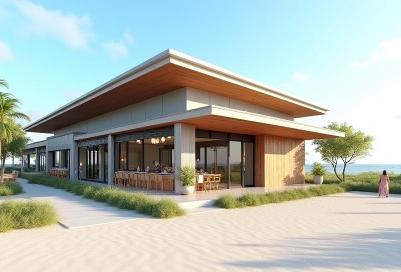 Exterior view of a new restaurant building with a modern coastal design near the beach