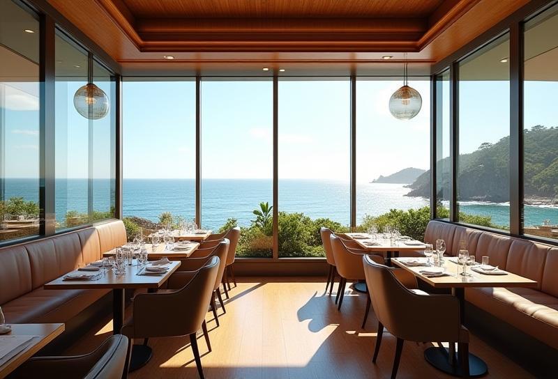 Interior view of a restaurant dining area with large windows offering ocean views